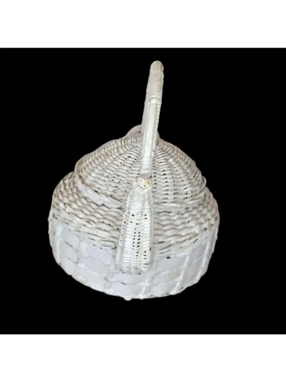 VTG White Wicker Teapot Basket Small Cottagecore Country Removable Lid 6.5